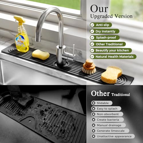 2 Pack Stone Faucet Mat for Kitchen Sink, Absorbing Drying Stone Mat Prevent Moisture, Sink Splash Guard Water,Natural Diatomite Stone Tray for Bathroom Counter 23.6*3.9inch (White+Grey) - color: White+Grey