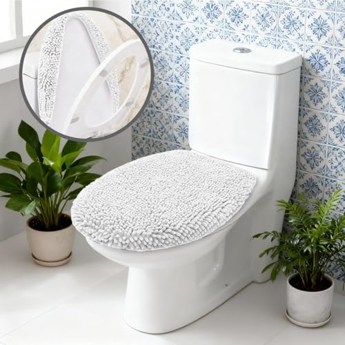 RUN HELIX Bathroom Toilet Lid Cover,Chenille Machine Washable Seat Covers, 17.5x15, Stays in Place Rubber Backing, Fits Most Round, Elongated and Oblong Lids, Accessories Decor,White - color: White, size: Lid 17.5"x15"