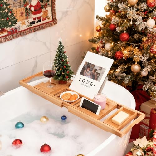 Utoplike Bamboo Bathtub Caddy Tray Bath Tray for Tub, Adjustable Bathroom Bathtub Organizer with Book Tablet Wine Glass Cup Towel Holder - color: Natural