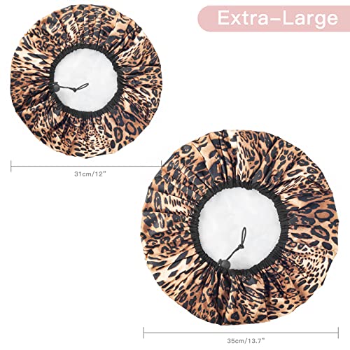 Auban Shower Cap for Women, Adjustable Reusable, Extra Large, Double-Layer Waterproof Bathing Cap, Waterproof Exterior, EVA Lining, Hair Cap for All Hair Lengths, 3 Colors - color: Leopard-champagne-black