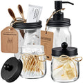 Amolliar Mason Jar Bathroom Accessories Set 4 Pcs -Lotion Soap Dispenser & 2 Cotton Swab Holders & Toothbrush Holder - Rustic Farmhouse Decor, Bathroom Home Decor, Perfect Decorating Idea (Black) - size: Black, style: Standard-mouth
