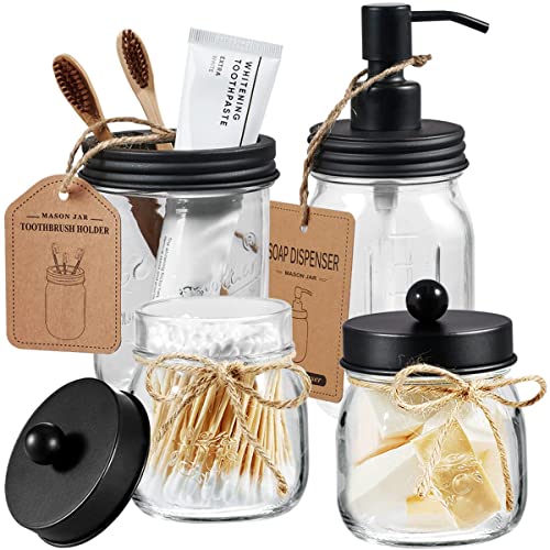 Amolliar Mason Jar Bathroom Accessories Set 4 Pcs -Lotion Soap Dispenser & 2 Cotton Swab Holders & Toothbrush Holder - Rustic Farmhouse Decor, Bathroom Home Decor, Perfect Decorating Idea (Black) - size: Black, style: Standard-mouth