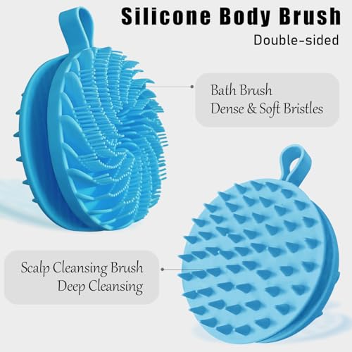 Douji Double-Sided Silicone Body Scrubber Shower Bath Brush, Handheld Cleansing Skin Brush for Sensitive Kids Women Men All Kinds of Skin（Blue） - size: Blue