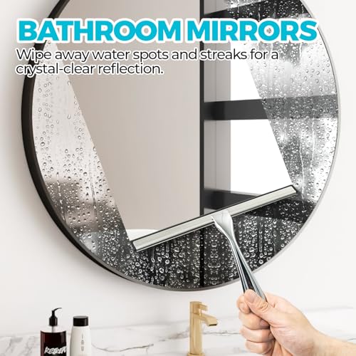 ALFLOD 2pcs Shower Squeegee for Glass Doors with Adhesive Hanging Hook Set | 9.9” silver, bathroom accessories, window cleaner, new home essentials, soft rubber blade, metal handle, ergonomic grip - color: Silver, size: 9.9 Inch