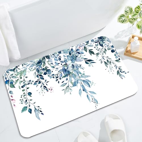 Gibelle Eucalyptus Leaves Bath Mat Rug Super Absorbent Quick Dry Thin Bathroom Rugs Fit Under Door Non Slip Rubber Backed Bathroom Floor Mat for in Front of Bathtub Sink Shower (17"x24", Blue) - color: A003, size: 17" x 24"