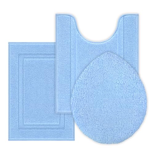 SHACOS Microfiber Bathroom Rugs Set of 3 with Toilet Lid Cover Non Slip | Washable Bath Mat Absorbent Bathroom Carpet 16"x24"+U Shape Toilet Rug 20"x24"+Toilet Lid Cover 19"x21", Light Blue - color: Light Blue, size: 16"x24"+U-Shape 20"x24"+Lid Cover 19"x