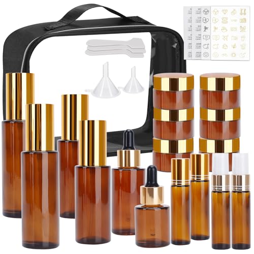 26 Pack TSA Approved Glass Travel Skincare Containers, 2/1.7/1.35/0.7/0.5/0.3oz Refillable Traveling Size Containers with Pump, Jars & Essential Oil Bottle, Leak-Proof for Creams & Liquids