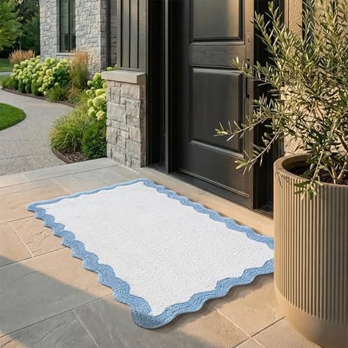 Cotton Scalloped Bathmat with Antiskid 20"x32" Blue – 100% Cotton Scalloped Bath Mat, Anti?Skid, Soft & Absorbent Bathroom Rug for Shower, Tub & Entryway - color: Blue, size: 1'8" x 2'8" (Rectangular)