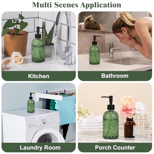 1 Pack 13.5oz Glass Soap Dispenser with Plastic Pump, Diamond Design Refillable Hand Soap Dispenser for Hand Wash, Bathroom and Kitchen (Army Green) - color: Army Green