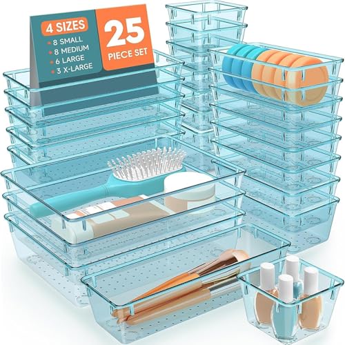 SpaceHacks 25 PCS Plastic Drawer Organizer Set, 4-Size Versatile Organizer Trays & storage Bins for Makeup, Jewelry, and Gadgets in Bathroom, Bedroom and Office, Sea Blue - color: Sea Blue
