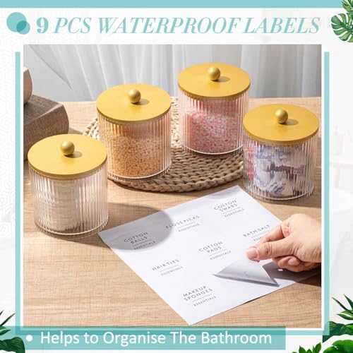 Yaomiao 6 Pcs Ribbed Bathroom Canisters Apothecary Jars with Golden Bamboo Lids and Label Stickers, 18 oz Plastic Canister with Fluted Design for Cotton Ball, Swab, Floss Picks House Storage - color: Golden