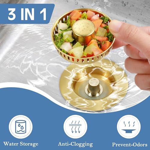 Kitchen Sink Drain Strainer 3 in 1, 304 Stainless Steel Pop Up Sink Stopper, Anti-Clogging Sink Drain Strainer for US Standard Kitchen Drain (Gold) - color: Gold, size: 1 Pack