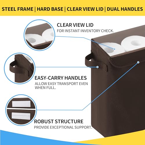 Cupic Cupid Toilet Paper Storage Baskets, Bathroom Toilet Paper Storage with Lid, Holds 12 Regular or 9 Mega Rolls, Slim Toilet Tissue Holder Basket with Clear PVC Lid and Handles, Brown - color: Brown