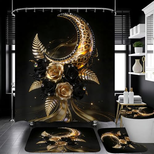 4 Piece Black and Gold Bathroom Set with Shower Curtain and Rugs, Luxury Leopard Moon & Rose Gothic Aesthetics Decor, Waterproof Fabric Curtain, Non-Slip Bath Mat & Toilet Lid Cover - color: Black Gold Moon
