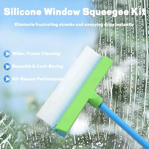 Scratch-Free & Streak-Free Squeegee 5-Piece Set for Glass Cleaning, Recyclable Silicone Window Squeegee Kit, Ultra-Flexibles 3 in 1 Windows Cleaning Scraper, for Windows, Mirrors, Car (Green) - color: Green