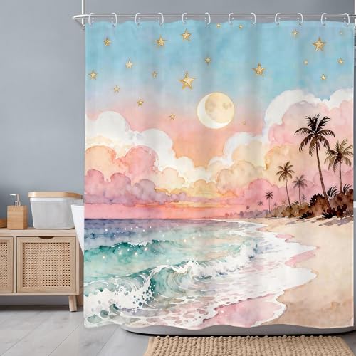Newsely Ocean Shower Curtain 60Wx72L Inch Pink and Blue Sea Waves Watercolor Painting Palm Trees Moon Sky Cloud Girly Bathroom Set Sunrise Sunset Waterproof Bath Decoration Accessories Home Decor - color: A-02pink Beach, size: 60"W x 72"L (Pack of 1)