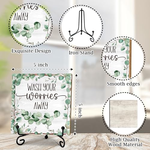 5" Greenery Bathroom Decor, Wash Your Worries Away Sign, Sage Green Bathroom Laundry Room Decor, Bathroom Guest Bathroom Decoration, Funny Toilet Bathroom Plaque Sign Table Shelf Decor-A02 - color: Wash Your Worries-02