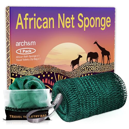 ARCH&M African Net Sponge Authentic Exfoliating Shower & Bath Loofah | 53" Long Back Scrubber, Quick-Dry Mesh Body Sponge, All Skin Types, Sensitive-Skin Friendly, Travel Toiletry Bag - color: Forest Green