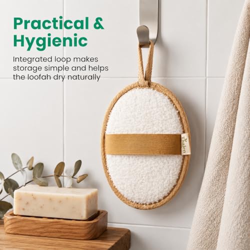 Thalen Natural Loofah Exfoliating Body Scrubber | Egyptian Loofah Sponge + Terrycloth | Shower Scrubber | Back Scrubber | Body Exfoliator | Plastic Free, No PFAS | Organic Bath Sponge – Pack of 3