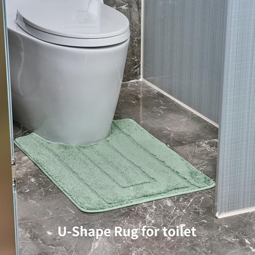 Bathroom Rugs Sets 3 Piece, with 20" x 28" U-Shaped Toilet Rug, Ultra Water Absorbent and Super Soft, Non-Slip, Microfiber Shaggy Plush Bath Mats for Bathroom, Tub, Kitchen (Sage Green) - color: Sage Gree