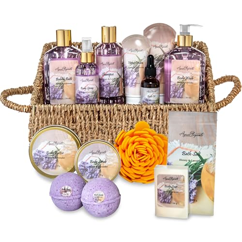 Aqua Elegante Bath Spa Gift Set - 15 Piece Premium Basket with Wash, Bubble Bath, Lotion, Salts, Body Scrub, Towel, Shower Puff, Bathbombs, Reusable Basket, Gifts for Women - Honey & Lavender - size: 15 Piece Set (Reusable Basket)