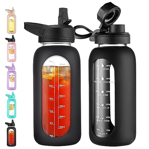 CIVAGO 32 oz Glass Water Bottle with Straw and Handle, Large Sports Motivational Water Bottle Flask with Time Marker and 2 Lids, Leakproof Water Jug Canteen with Silicone Sleeve for Gym, Black - color: Black, size: 32 Ounces