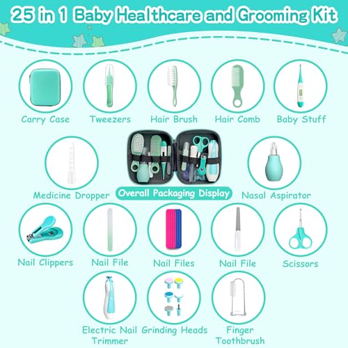 Baby Grooming Kit for Boys Girls Safety Newborn Nursery Essentials Grooming Set Gift for First-time Parents, Green 25 in 1 - style: Green 25 in 1