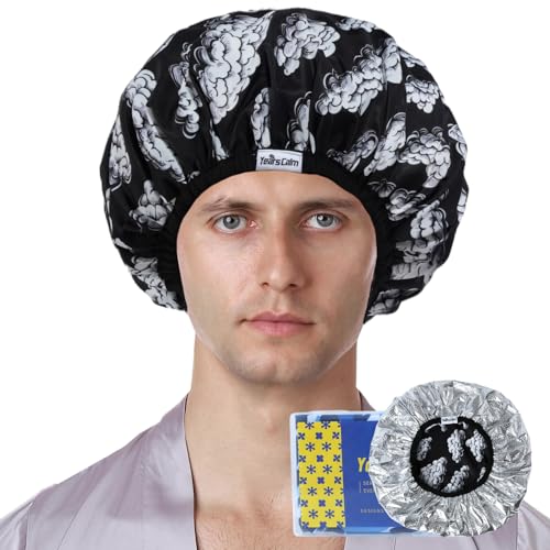Years calm Shower Cap for Men, Waterproof & Heat-Retaining Hair Treatment Cap – Reusable Men’s Shower Cap with Foil Lining, Elastic Band, for Steam Care, Hair Mask & Oil Conditioning - color: Black