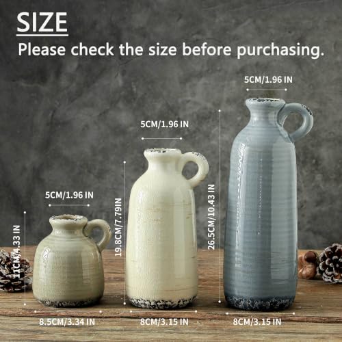 Ceramic Vases Set of 3, Neutral Rustic Farmhouse Vase with Handle, Decorative Flower Vases Home Decor Modern Boho Pampass Vase for Table Mantel Entryway Shelf Living Room Kitchen Bathroom - Ocean - color: 010 Vase Set - Ocean
