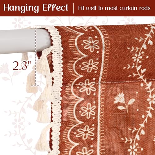 Yinhua Boho Swag Valance Curtains Vintage Linen Valances for Windows Light Filtering Floral Kitchen Valance Rod Pocket Farmhouse Tassel Window Valances for Bathroom Cafe, 60" W x 36" L, Terracotta - color: Terracotta, size: 60"W x 36"L (Pack of 1)