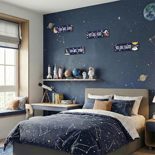 4Pcs Outer Space Wooden Wall Art Room Decor for Boys Astronaut Wall Art Set for Bedroom Bathroom Motivational Wooden Signs Navy Blue Galaxy Nursery home Decor for Toddler & Playroom - style: Outer Space