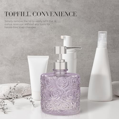 Marcella Glass Soap Dispenser with Soap Pump, Refillable 14 Ounce Capacity, Floral Design Rose Patterns, Heavy Weight Thick Glass for Bathroom, Premium Kitchen Soap Dispenser Lavender - color: Lavender Frost