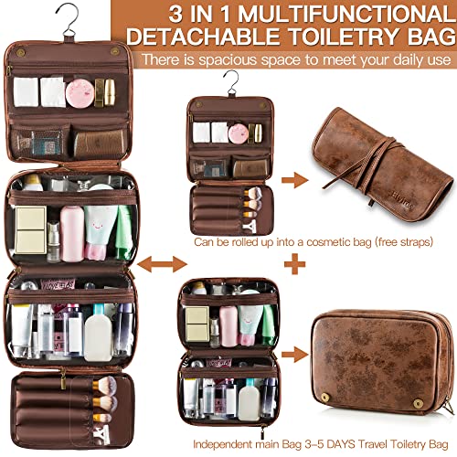 Elviros Hanging Toiletry Bag Removable Travel Bag PU leather Makeup Cosmetic Organizer Kit, Dark Brown | Removable Travel Organizer Bag for Cosmetics, Toiletries, Makeup Tools, and Daily Essentials with Easy Carry Design - color: Dark Brown, size: 1 Pack