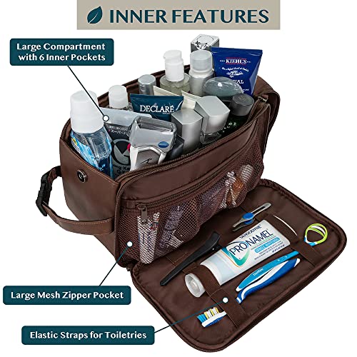 PAVILIA Toiletry Bag for Men, Travel Essentials Shaving Dopp Kit, Mens Travel Bag Toiletries Organizer Case for Grooming, PU Leather Water Resistant Cosmetic Bag Pouch (XL, Dark Brown) - color: Dark Brown, size: Extra Large (12x6x7)