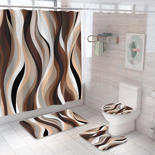 4PCS Brown Abstract Shower Curtain Set, with Non-Slip Rugs, Toilet Lid Cover and Bath Mat Stripe Black White Gray Aesthetic Art for Bathroom Bathtub Decor Accessories, 72x72 Inch - color: Brown