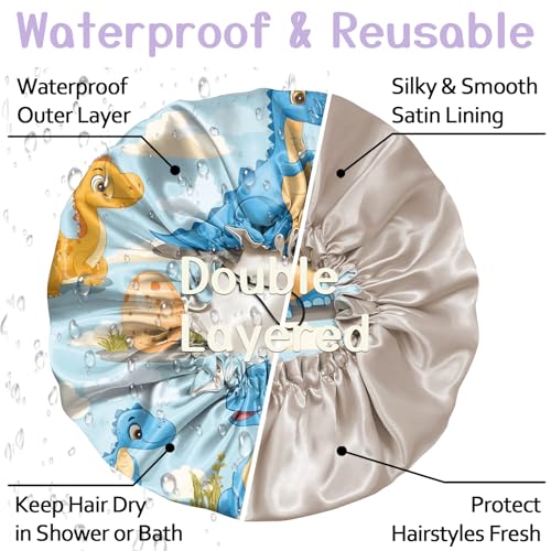 Luxury Shower Cap Silk Satin Lined Waterproof Reusable Adjustable Elastic Dry Hair Bathing Caps Cute for Women Girls-Dinosaur - color: C-18-Dinosaur