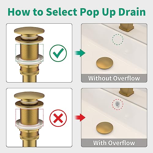 Bathroom Pop up Drain Without Overflow, Anti-Clogging Vessel Sink Drain Strainer, Pop Up Drain with Detachable Basket, Hair Catcher Bathroom Sink Drain Stopper(Brushed Gold, No Overflow) - color: Brushed Gold, size: No Overflow