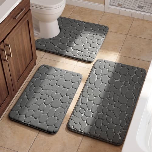 YIHOUSE Bathroom Rugs Mat Set, Memory Foam Bath Mat 3 Piece Dark Grey | U Shape+Small Mat, Non Slip, Water Absorbent, Washable, Bath Mat For Bathroom, Sink and Toilet - color: Dark Grey, size: 2'8" x 1'8" (Rectangular)