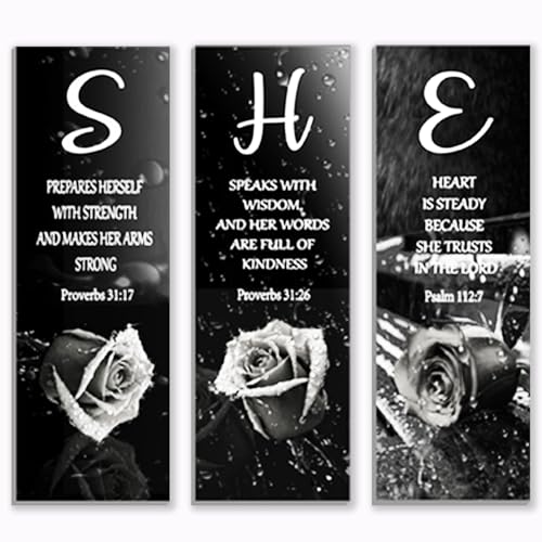 3 Pieces White Bedroom Decor Black And White Rose Women Bedroom Wooden Bathroom Inspirational Office Decor With SHE Religious Words For Kitchen Home(12x Inch) - color: White