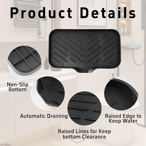 9.4” x 5.9” Silicone Soap Dish with Self-Draining Spout, Multi-Purpose Kitchen Bathroom Sink Organizer Tray for Bar Soap, Sponge, Dispenser Bottle Counter Storage, Black - color: Black, size: 9.4” x 5.9”