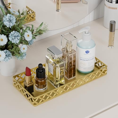 Bathroom Vanity Tray for Countertop - 11" x 4.9" Gold Decorative Tray | Small Metal Rectangle Tray, Non-Slip Bathroom Counter Tray, Bathroom Organizer for Perfume Makeup Cosmetic Jewelry Soap - color: Rectangle Floral-gold
