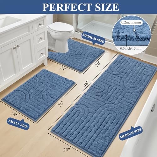 Vaukki Bathroom Rugs Sets 3 Piece, Blue Washable Non Slip Soft Bath Mats for Shower and Tub, Plush Absorbent Microfiber Toilet Rug U Shaped, 48x20+26x18+24x20 Inch - color: Blue, size: 18''x26''+20''x48''+20''x24''