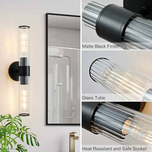 Bathroom Vanity Light Fixtures, Black Wall Sconces in Threaded Glass, Modern Wall Light for Bathroom Living Room Bedroom, Hallway - Bulb Not Included - color: Black-Threaded Glass