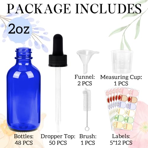 STARSIDE 48-Pack 2oz Leakproof Blue Glass Dropper Bottles | 60ml Empty Tincture Bottles for Essential Oils & Craft Use, Includes Funnels, Brushes, Labels, Droppers & Measuring Cup - color: 2oz-Blue-48pcs