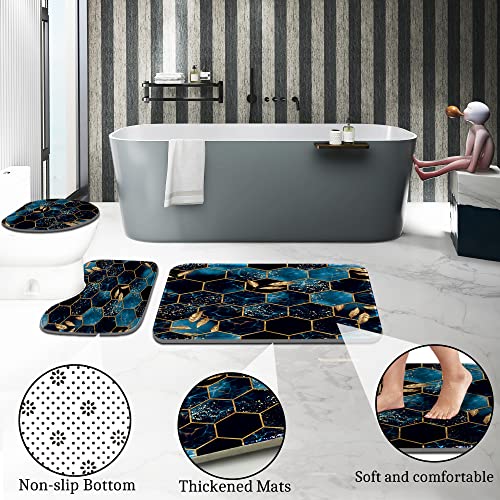 Poedist 4 Pcs Bathroom Shower Curtain Set,Bathroom Sets with Rugs(Bath Mat,U Shape and Toilet Lid Cover Mat) and 12 Hooks,Sky Blue Honeycomb Marble - color: Blue