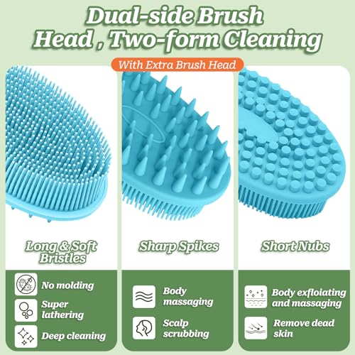 Silicone Face & Back Scrubber Set, Manual Face & Body Scrubber Exfoliator with Soft Bristles and Non-Slip Handle, Back Brush Bath Brush with 2 Detachable Brush Heads(3PCS Blue Set) - color: 3*blue Set