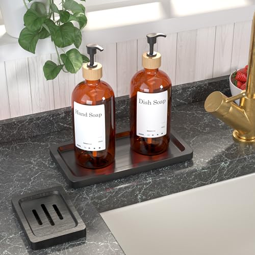 YELLOW LOTUS Black Bathroom Accessories Set 2 pcs - 9’’ Small Black Bamboo Tray for Bathroom, Wooden Bar Soap Holder for Shower, Kitchen Soap Dispenser Set for Sink, Kitchen Dish Tray Decor