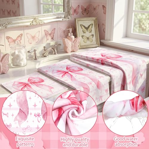 Moukeren Set of 3 Pink Bow Bath Towels Cute Coquette Large Bow Bath Towel Hand Towel and Washcloth Soft Decorative Towels for Girls Womens Bathroom Kitchen Pool Gym Spa Yoga - style: Large Bow