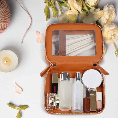 Prite Large Clear Makeup Bag Double Layer Makeup Bag for Women Travel Toiletry Bag Cosmetic Train Case with a Separate Brush Compartment for Car Essentials(Brown) - color: Brown, size: Standard - Double Layer