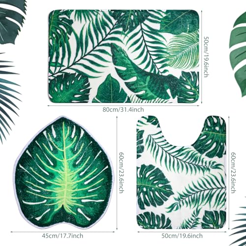 Green Bathroom Rug Set 3 Piece Palm Leaf Bathroom Rugs Set with U-Shaped Mat Green Leaves Bath Mat with Unique Leaf Shaped for Bedroom Floor Living Room Machine Washable